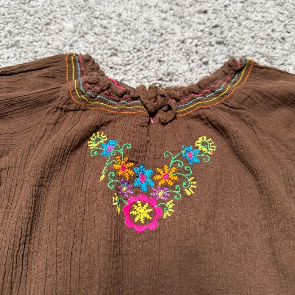Y2K Vintage Childrens Place Embroidered Gauze Peasant Top Brown Toddler Girl 24M